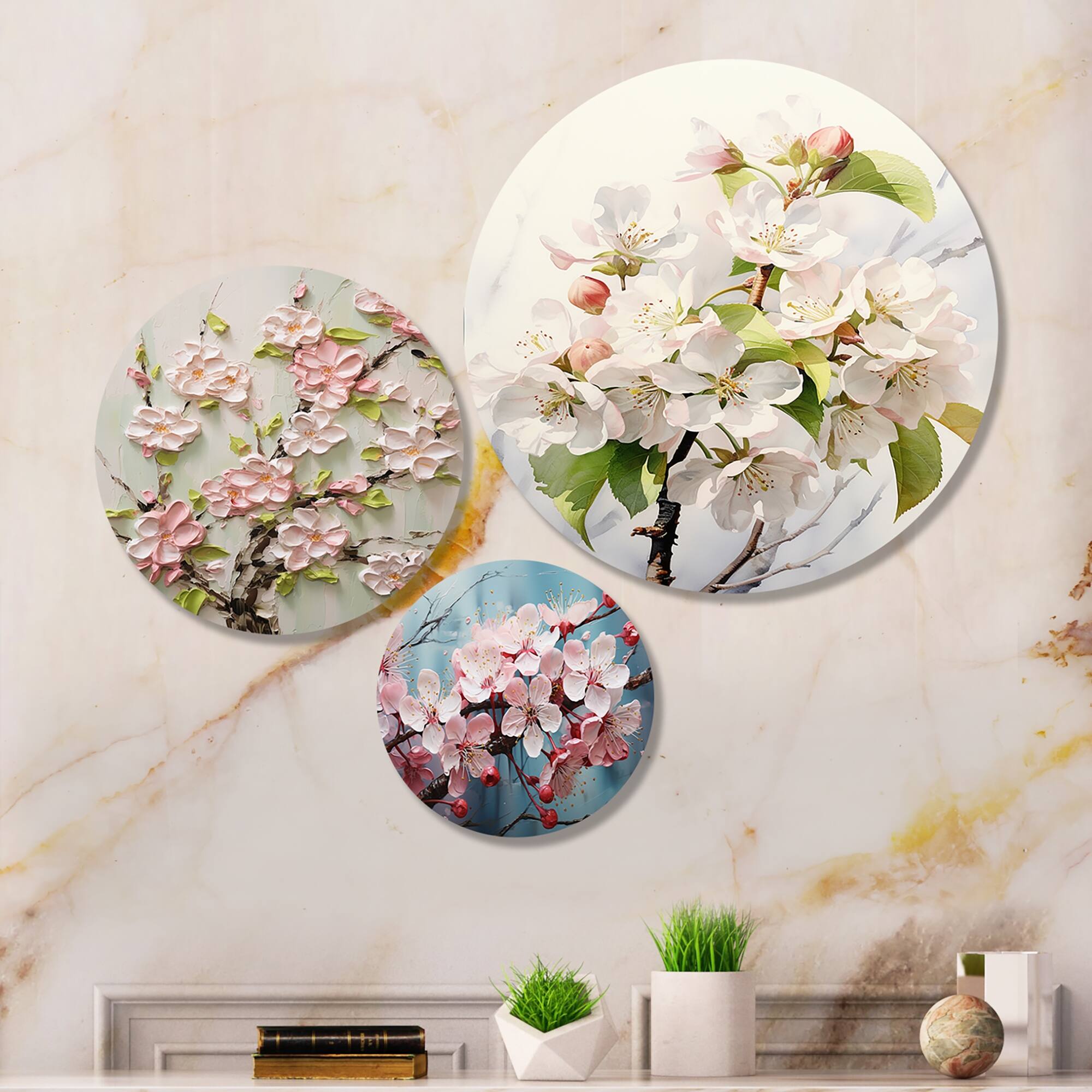 Designart "Apple Blossom Impasto I" Floral Metal Wall Art Matching Set